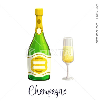 Champagne alcohol bottle and glass of drink beverage, vector cartoon icon. Champagne or sparkling wine and prosecco bottle with glass for bar menu or party and holiday celebration and alcohol drinks 118425824