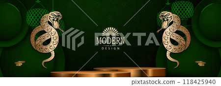 Happy Chinese New Year, green color greeting card with isolated snakes and round podium 118425940