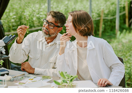 Two scientists analyzing plant samples outdoors, holding test tube and discussing results, surrounded by laboratory equipment and greenery under a shade structure Two scientists analyzing plant samples outdoors, holding test tube and discussing results, surrounded by laboratory equipment and greenery under a shade structure 118426086