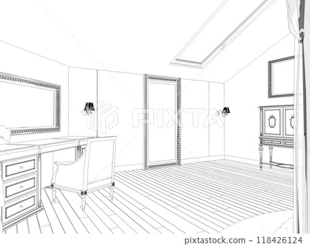 interior contour visualization, 3D illustration, sketch, outline interior contour visualization, 3D illustration, sketch, outline 118426124