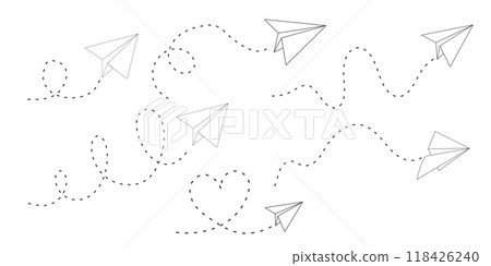 Paper plane dashed line doodle sketch style drawing. Path way, follow idea. Business or travel design element. Paper aeroplane 118426240