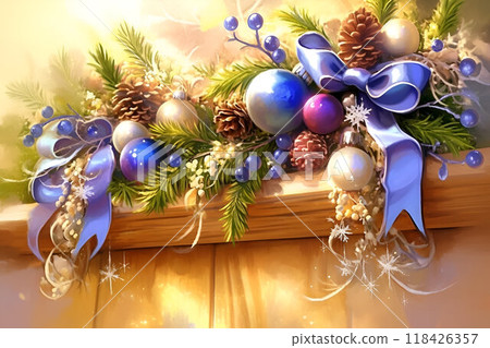 Festive decorations with blue ribbons, pinecones, and ornaments create a celebratory atmosphere 118426357