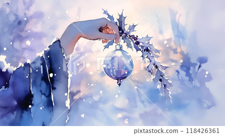 Hand Holding a Christmas Ornament with Snowflakes in a Beautiful Watercolor Painting 118426361