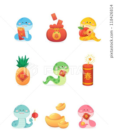 一組蛇角色或卡通人物與中國農曆新年的向量插畫元素,燈籠與春聯 一組蛇角色或卡通人物與中國農曆新年的向量插畫元素,燈籠與春聯 118426814
