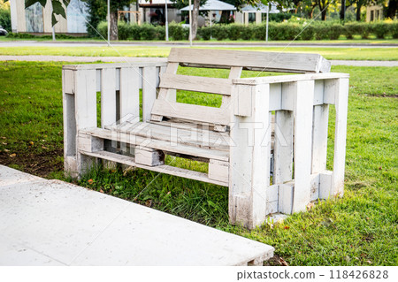 White garden furniture made from wooden pallets, recycling White garden furniture made from wooden pallets, recycling 118426828