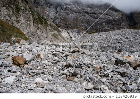 Landslide area covering an old Langtang village, Nepal. The 2015 earthquake triggered a catastrophic avalanche and landslide that submerged the village under a great plume of ice and rock. Landslide area covering an old Langtang village, Nepal. The 2015 earthquake triggered a catastrophic avalanche and landslide that submerged the village under a great plume of ice and rock. 118426939