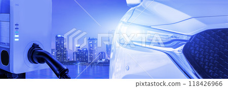 Electric car. Smart city electric vehicle charging infrastructure. Futuristic autonomous cars. Self-driving technology at charging stations. Future of urban mobility and sustainable transport. 118426966