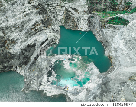 Open pit mine industry. Limestone quarry with backhoe and truck in operation. Heavy machinery in mining industry and construction material supply. Landscape of resource extraction in a industrial site 118426977