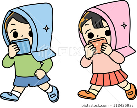 男孩和女孩進行防災訓練 118426982