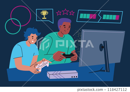 Vector illustration of two gamers playing a video game with controllers and console. Father and son spending time together, having fun, entertainment. Flat cartoon style. Gaming, family bonding Vector illustration of two gamers playing a video game with controllers and console. Father and son spending time together, having fun, entertainment. Flat cartoon style. Gaming, family bonding 118427112