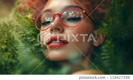 Close-Up of Woman with Red Glasses and Freckles in Nature 118427398