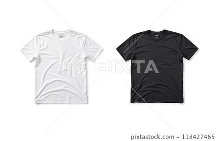 Blank black and white crumpled t-shirt mockup flat lay, isolated 118427465