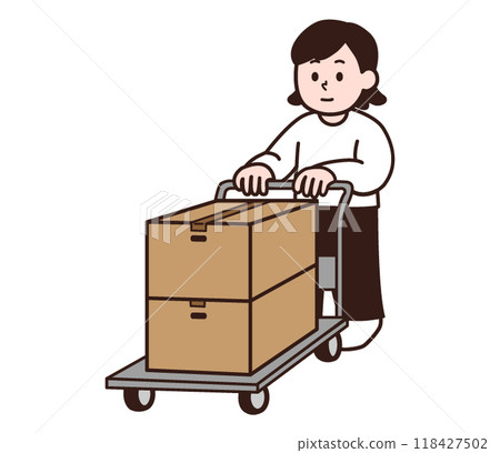 A woman in plain clothes carrying cardboard boxes on a loading platform 118427502