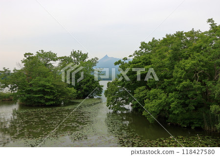 Mt. Komagatake, an active volcano between Mori town, Shikabe Town and Nanae towns on the Oshima peninsula in southwest Hokkaido as viewed from Onuma pond in the Oshima Park, near Hakodate 118427580