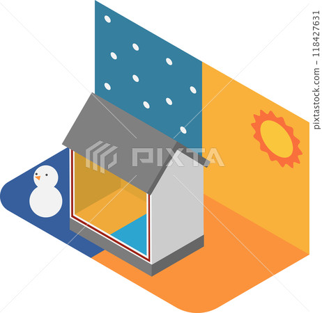 Isometric insulated wall house summer and winter image 118427631