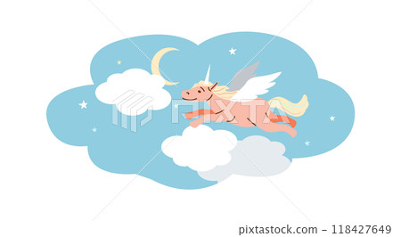 Unicorn flying in night sky among clouds flat color vector icon Unicorn flying in night sky among clouds flat color vector icon 118427649