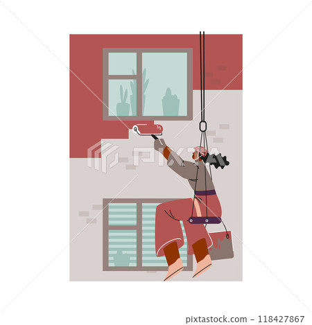 Vector illustration of an industrial climber girl painting a high-rise building with a paint roller Vector illustration of an industrial climber girl painting a high-rise building with a paint roller 118427867