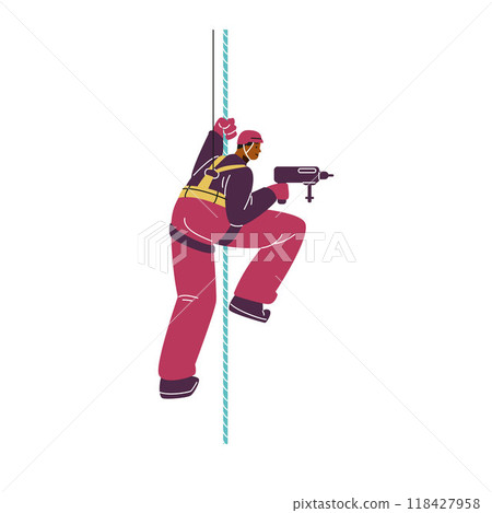 Industrial climber. Man drills a hole in the office wall. 118427958