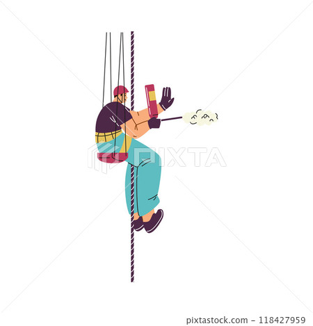 A male character in uniform hangs on a safety rope, holding polyurethane foam in his hands. 118427959