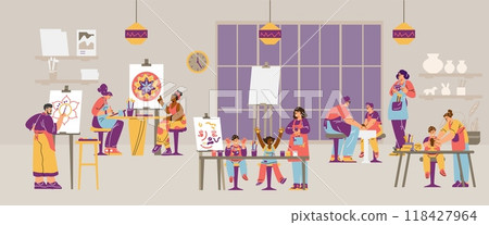 A vector image of a classroom where teachers encourage adults and children to be creative 118427964