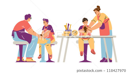 Vector illustration on a white background with sculpture teachers who help teenagers work with clay Vector illustration on a white background with sculpture teachers who help teenagers work with clay 118427970