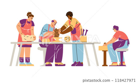 Vector illustration on a white background with sculpture teachers who help adults work with clay Vector illustration on a white background with sculpture teachers who help adults work with clay 118427971