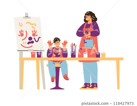 Vector illustration a teacher and a child who draws a picture with paint on his hands 118427973