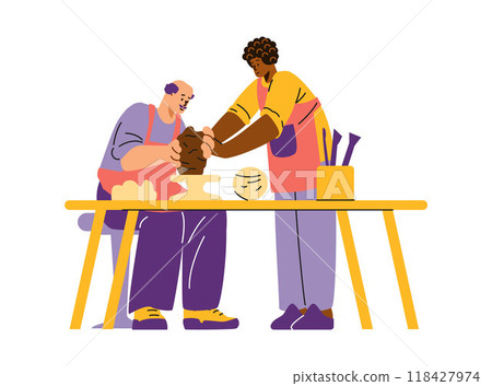Vector illustration with a man sculpting a clay sculpture and a female sculptor helping. Vector illustration with a man sculpting a clay sculpture and a female sculptor helping. 118427974