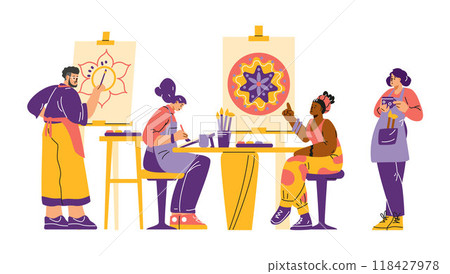 Vector illustration with an art class with girls and a guy who draw a mandala Vector illustration with an art class with girls and a guy who draw a mandala 118427978