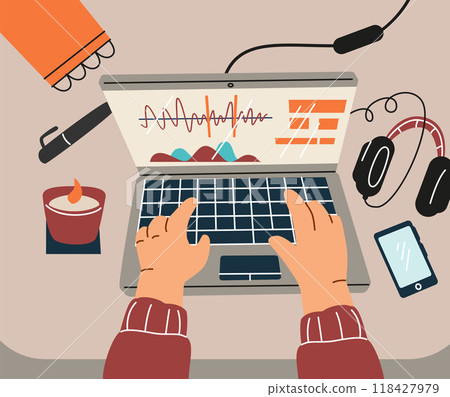 Vector illustration of a remote employee using a laptop for online business tasks. Vector illustration of a remote employee using a laptop for online business tasks. 118427979