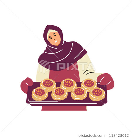 Vector illustration of a woman in hijab holding a baking tray with an open pie 118428012