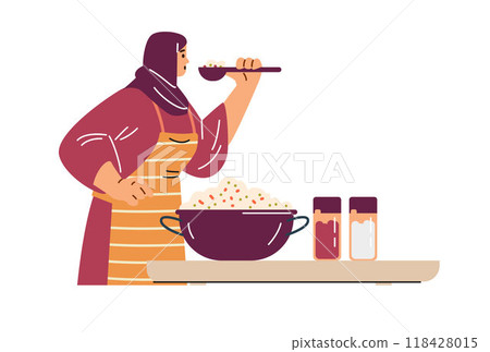 Vector illustration of a woman in a hijab who is trying a cooked salad Vector illustration of a woman in a hijab who is trying a cooked salad 118428015