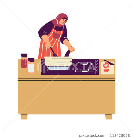 A Muslim woman in a hijab and an apron, cooking at the stove. 118428038