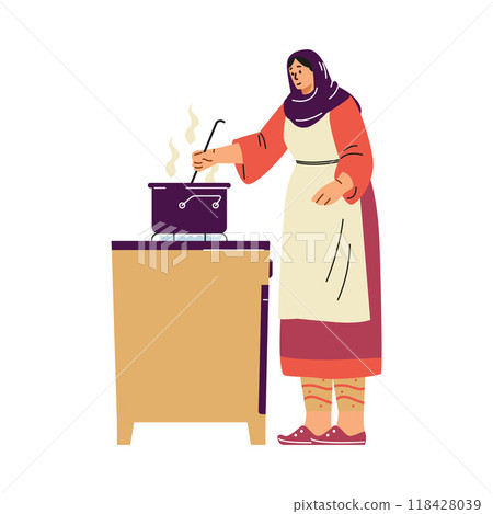 Vector illustration depicts a Muslim woman in a hijab cooking at the stove. Vector illustration depicts a Muslim woman in a hijab cooking at the stove. 118428039