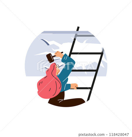 Vector illustration of a woman climbing a ladder and breaking a glass ceiling with a hammer. 118428047