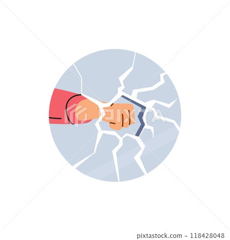 Vector illustration of a glass circle with a fist breaking glass. 118428048