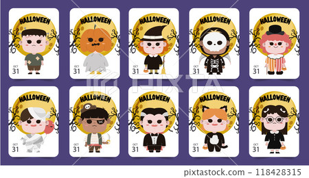 Cute Halloween Character Cards with Various Costumes and Designs for October 31 Celebration 118428315