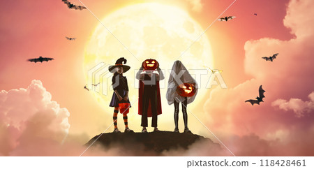 children in carnival costumes at Halloween children in carnival costumes at Halloween 118428461