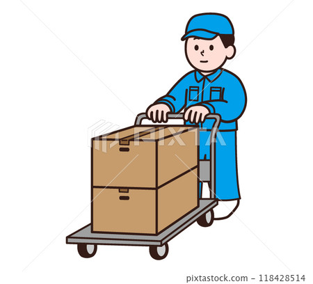 A man in work clothes carrying cardboard boxes on a loading platform 118428514