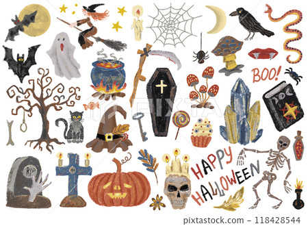 Design set with watercolor Halloween objects isolated on white. Mystic, esoteric and gothic concept. Season holiday cartoon doodles and cliparts 118428544