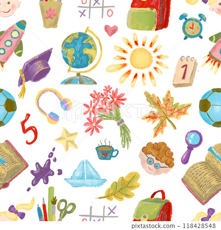Seamless pattern with watercolor school objects on white. Learning and education, September 1 and Knowledge day concept. Colorful cartoon doodles and clipart, hand drawn illustration 118428548
