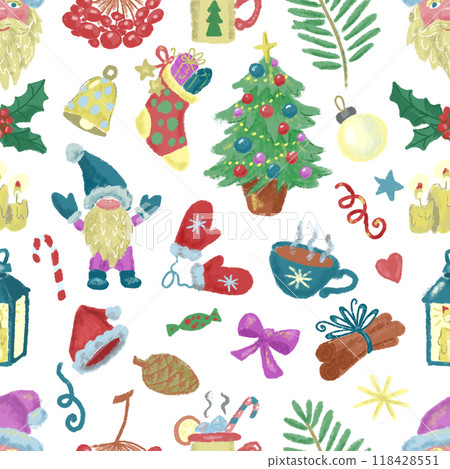 Seamless pattern with watercolor objects and elements for christmas and new year holidays on white. Seasonal greetings concept. Colorful cartoon doodle illustrations and cliparts 118428551