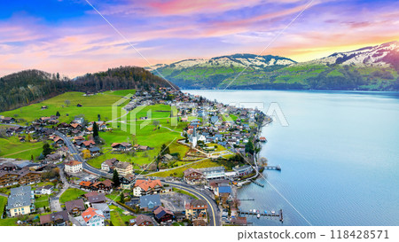 Beautiful landscape near Lake Thun in Spiez, Switzerland. 118428571