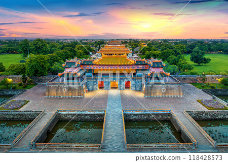 Aerial view of Meridian Gate Hue at sunset in Vietnam. 118428573