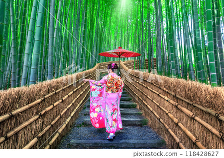Bamboo Forest. Asian woman wearing japanese traditional kimono at Bamboo Forest in Kyoto, Japan. Bamboo Forest. Asian woman wearing japanese traditional kimono at Bamboo Forest in Kyoto, Japan. 118428627