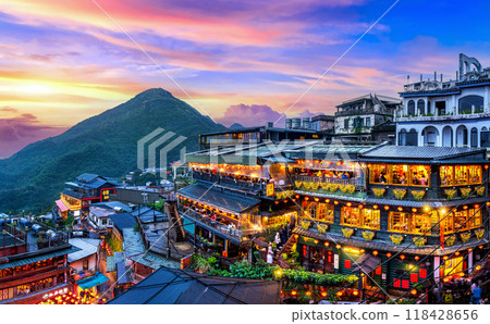 Jiufen old street at twilight in Taipei Taiwan. 118428656
