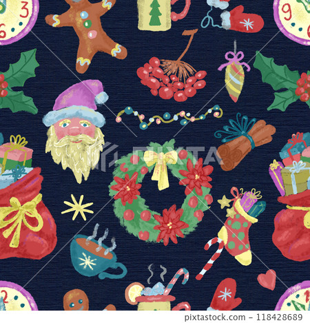 Seamless pattern with Santa, watercolor objects and elements for christmas and new year holidays. Seasonal greetings concept. Colorful cartoon doodle illustrations and cliparts 118428689