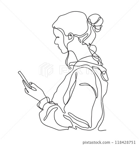 One continuous line. Woman with phone. Linear style One continuous line. Woman with phone. Linear style 118428751