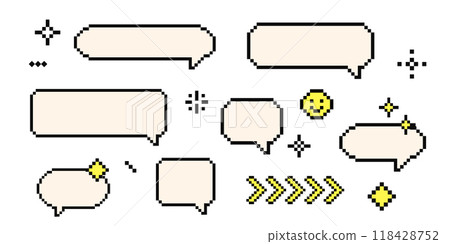 Set of pixel art cloud bubble quote box speech bubble dialog retro 8 bit arcade game interface, manga. Comic chat rectange pixel elements, arrow, star, heart. 118428752