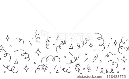 Confetti border doodle drawing. Sketch burst with ribbon dots. Celebration simple decor, party seamless holiday background. Confetti border doodle drawing. Sketch burst with ribbon dots. Celebration simple decor, party seamless holiday background. 118428753